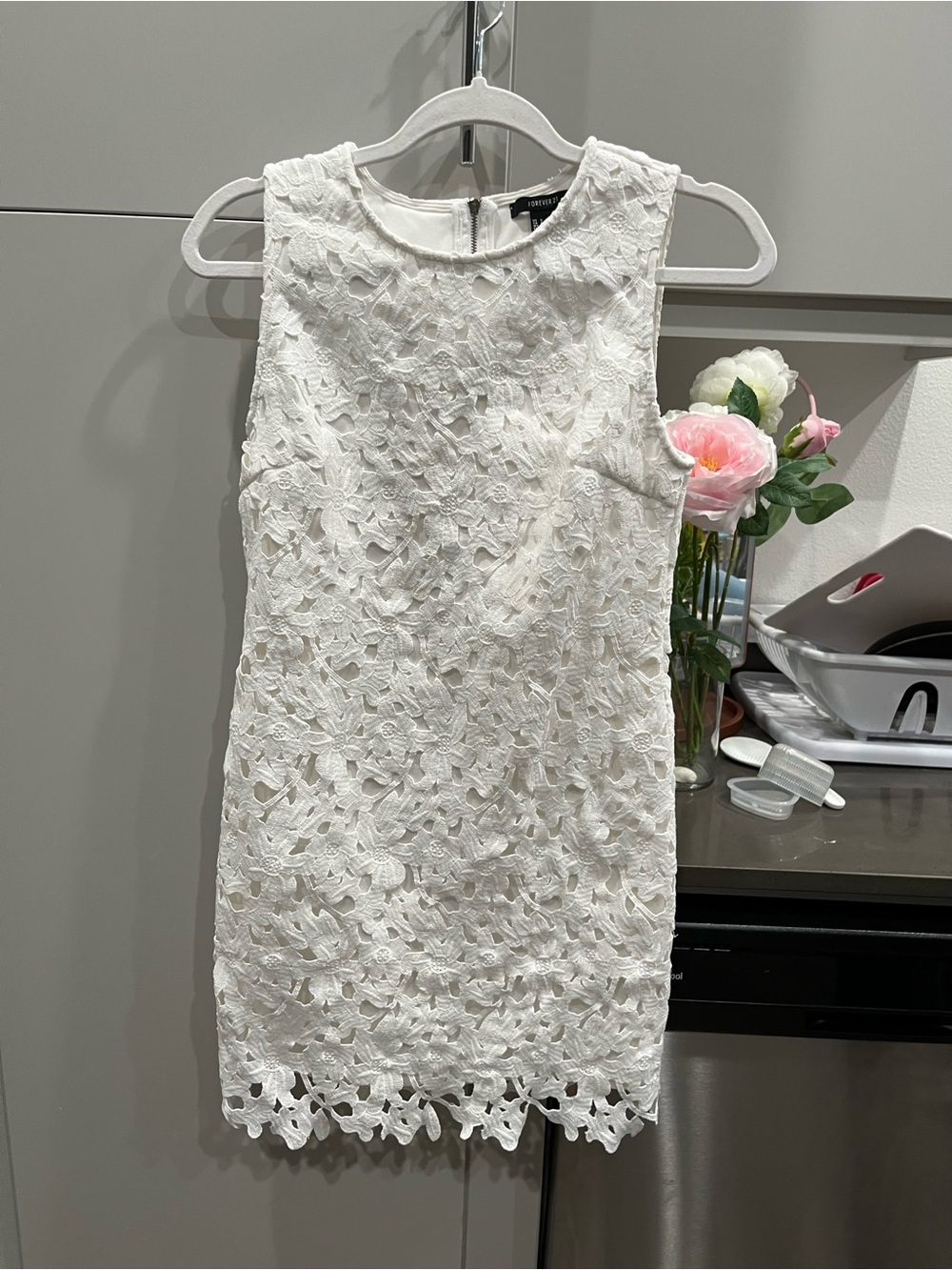 White Lace Shift Dress - Classic Sleeveless with Lace Hem